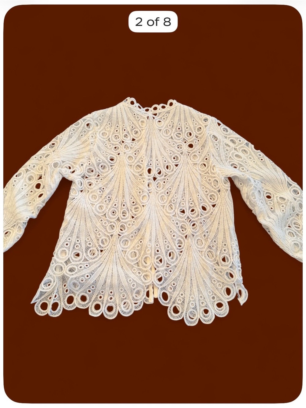 White Intricate Lace Eyelet Blouse Jacket Bell Sleeve Women’s Medium NWOT

Beaut